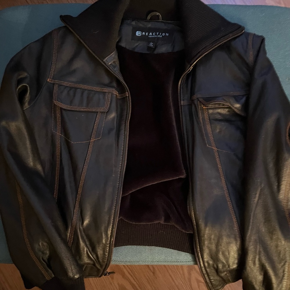 Kenneth Cole Dark Brown Leather Bomber Jacket